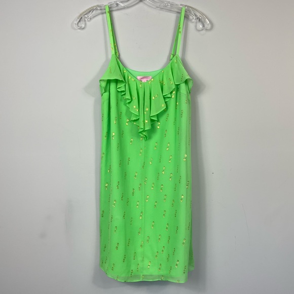 Lilly Pulitzer Gianna Silk Strappy Ruffle Mini Dress Green Metallic Gold Dot XS - Picture 5 of 14